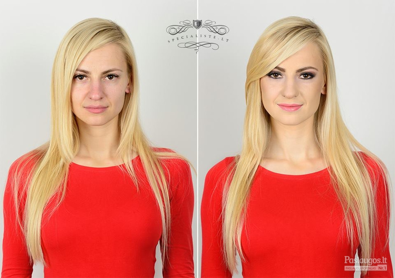 Prieš ir po profesionalaus makiažo - palyginamoji foto.
 Makiažo/šukuosenos autorė Irina Binkevičienė