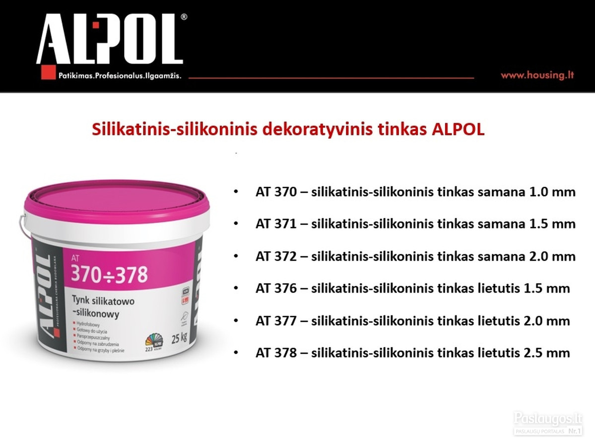 Silikatinis-silikoninis tinkas ALPOL AT 370-378 pasižymi pačiomis geriausiomis silikatinio ir akrilinio tinko savybėmis. Atsparus drėgmės poveikiui ir apsaugo fasadą nuo korozijos. 
Speciali kaina: 27,51 Eur (be spalvos)
