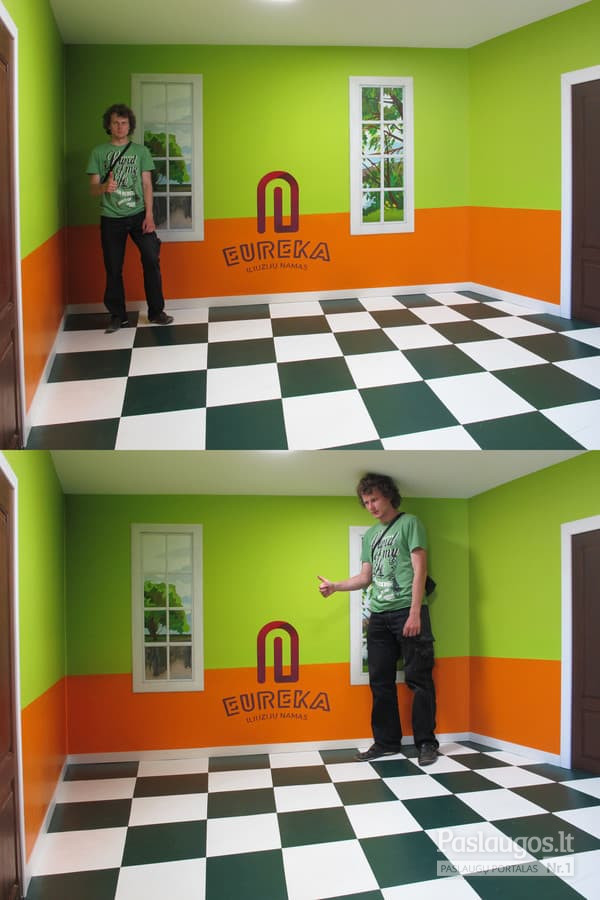 3D iliuzija, dydžių kambarys. Išskaičiuoju ir dekoruojų sudėtingas iliuzijas. Iliuzijų namas Eureka, Palanga

Langai ir dūrys dešinėje piešti, apvadai tikri.
