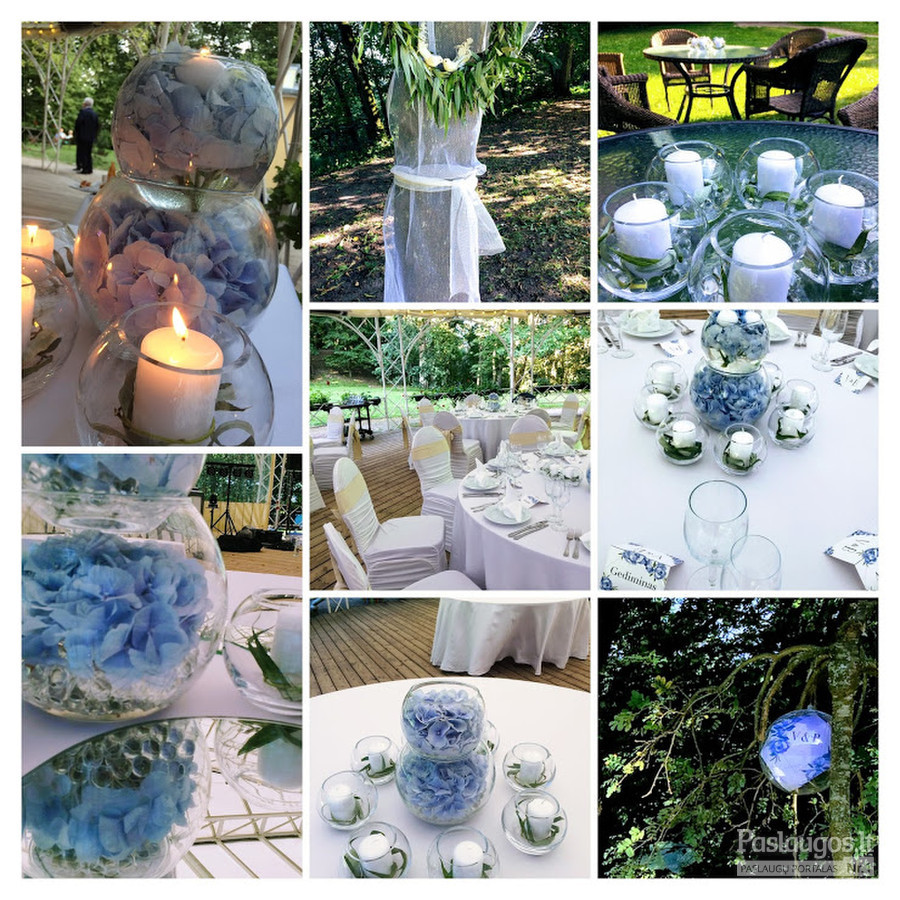 Vestuvių stalų floristika ir dekoras, fotokampelis, apšvietimas lemputėmis bei žvakėmis
