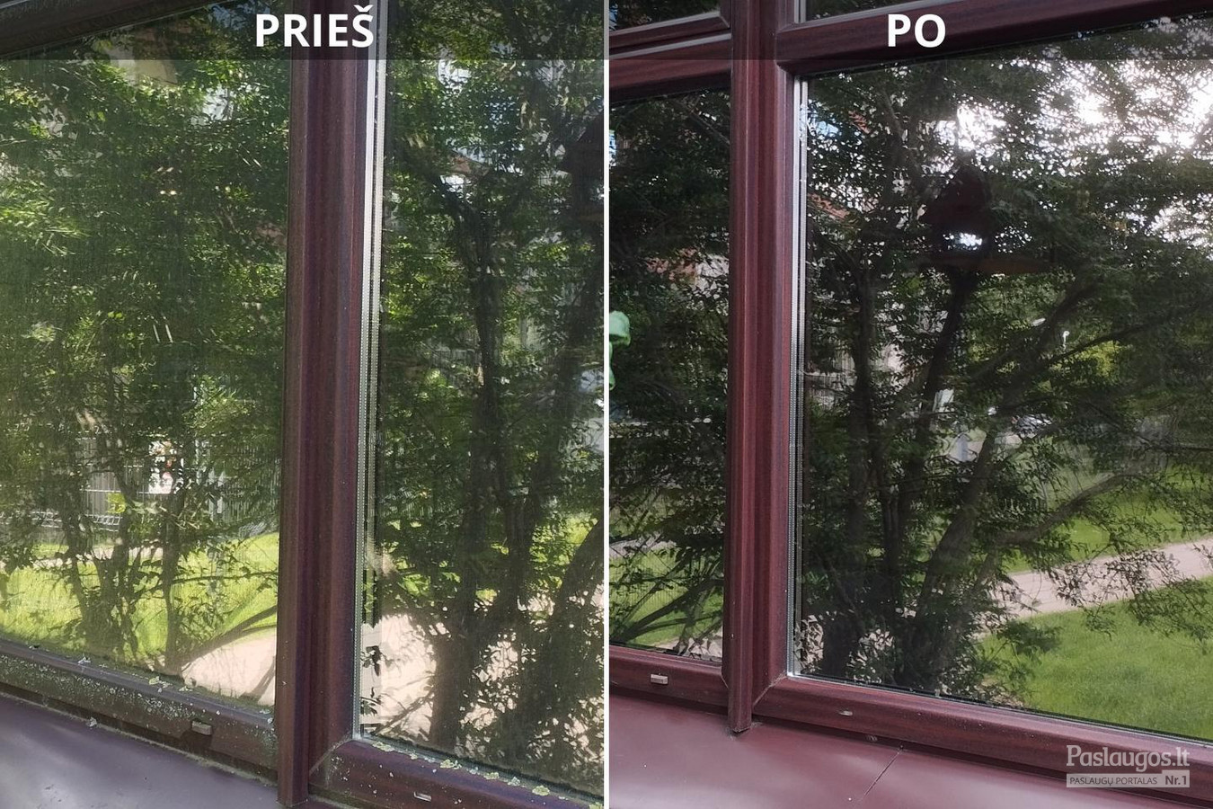 Medinio lango valymas prieš ir po