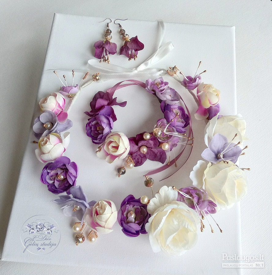 Šilko gėlių rinkinukas (rankų darbas): lankelis, apyrankė ir auskarai