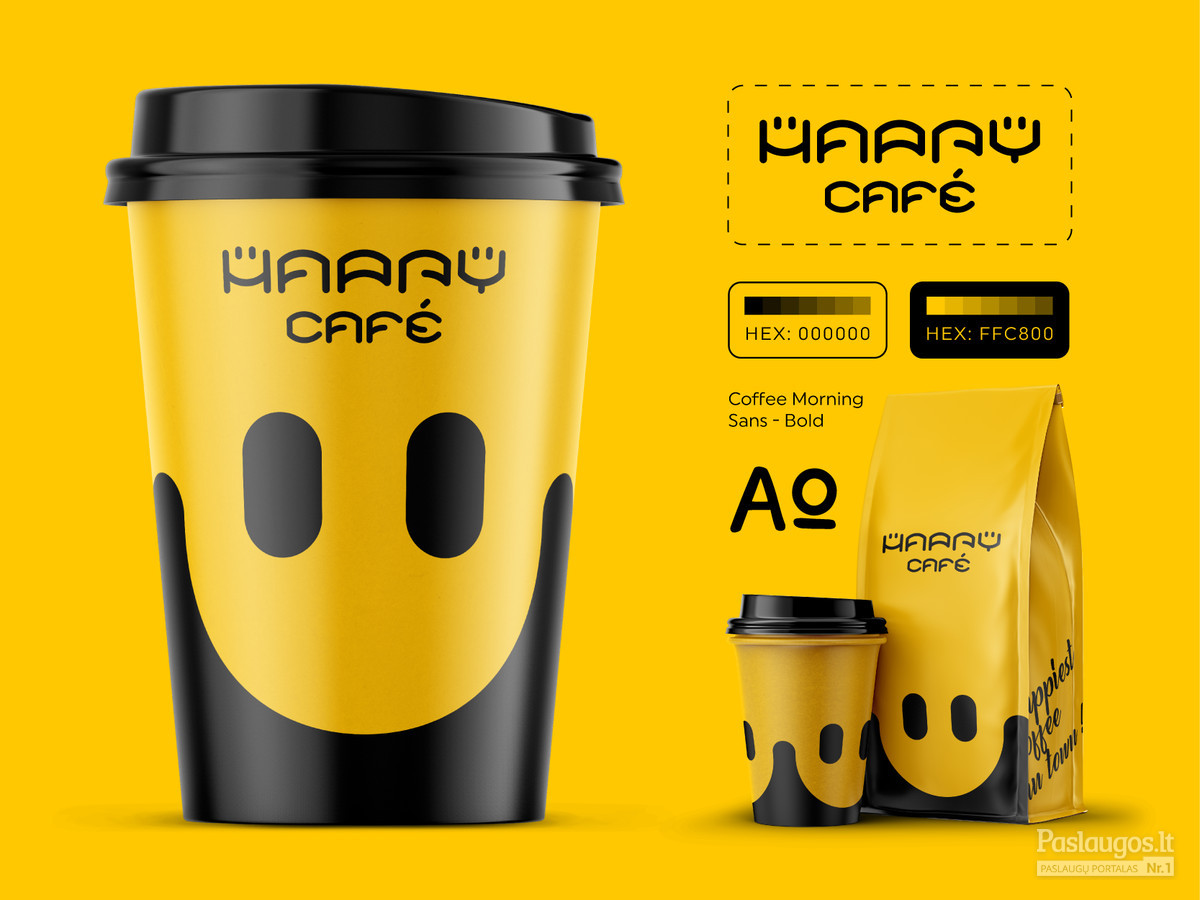 Happy cafe - linksmiausia kava mieste. Produkto pakuotės dizainas. Popierinio kavos puodelio dizainas. Logotipo dizainas. Identiteto kūrimas. gLogo.eu