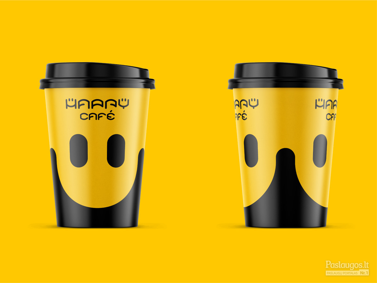 Happy cafe - linksmiausia kava mieste. Produkto pakuotės dizainas. Popierinio kavos puodelio dizainas. Logotipo dizainas. Identiteto kūrimas. gLogo.eu