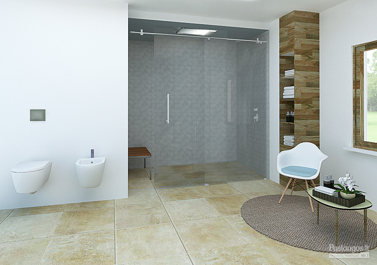 Vonios kambariui kurti buvo pasirinkta moderni minimalistinė stilistika. Todėl interjere naudojamos natūralios medžiagos, bei spalvos. Baltos lubos ir sienos padėjo sukurti šviesesnės ir erdvesnės patalpos įspūdį, o medžio faktūra panaudota interjere sukūrė šiltesnę ir jaukesnę vonios kambario atmosferą.