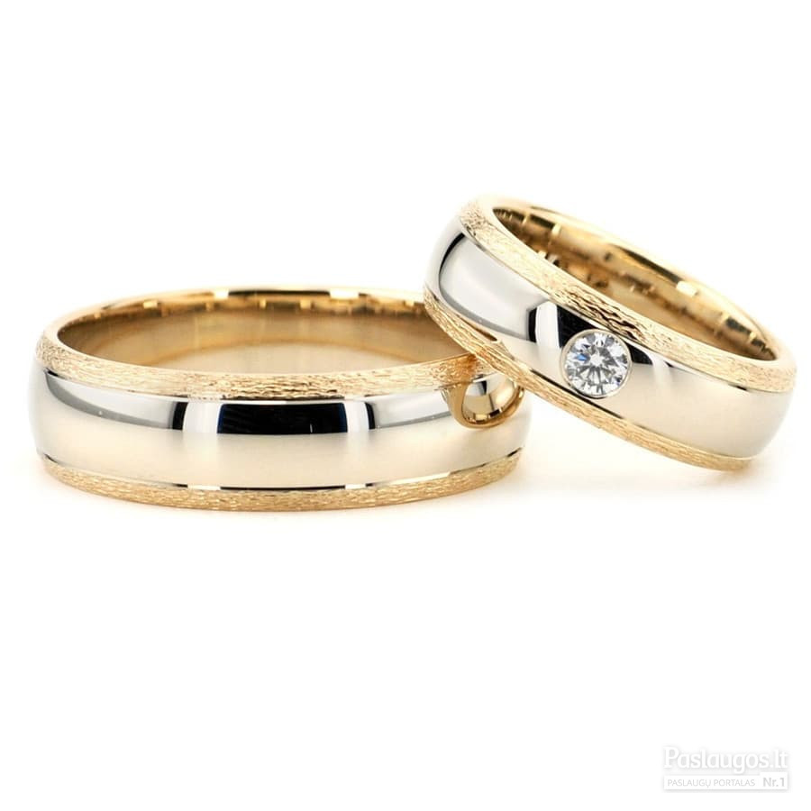 Dviejų spalvų vestuviniai žiedai su briliantu