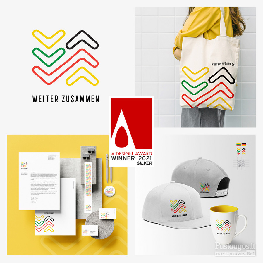 „A' Design Award“ sidabro apdovanojimas už Vokietijos ambasadai Vilniuje sukurtą logotipą ir vizualinį identitetą „Weiter zusammen“ grafikos ir vizualinės komunikacijos kategorijoje