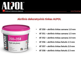 ALPOL AT 350-358 akrilinio tinko savybės sustiprinamos biocidu išpilstymo metu. Tai prailgina tinko galiojimo laiką, tai pat pagerina padengiamumą ant sienų ir tinko ilgaamžiškumą. 
Speciali...