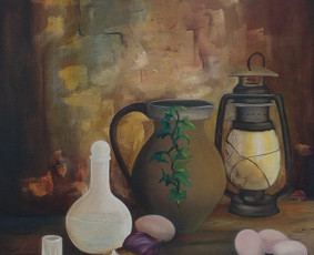 Mokinės nutapytas natiurmortas. Drobė, aliejus. 70x60cm. 2018m.