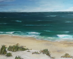 Mokinės nutapytas jūros motyvas. Drobė, aliejus. 70x140cm. 2018m.