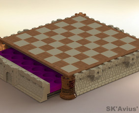 Šachmatai ir jų lenta su stalčiais, nubraižyti ir pagaminti naudojant CNC frezavimo stakles ir SLA 3D spausdintuvą