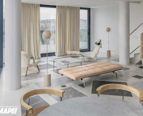 ULTRATOP cementinė savaime išsilyginanti grindų danga. "Terrazzo" efektas užpildais. Privatus objektas Lietuvoje. Interjero dizainas: DO ARCHITECTS. Nuotrauka: Norbert Tukaj.