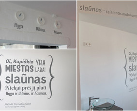 Užkandinės sienų dekoravimas užrašais, sieninė tapyba.