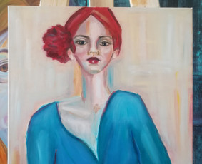 Mokinės nutapytas kūrybinis merginos portretas. Aliejus, drobė. 70x70cm. 2019m.