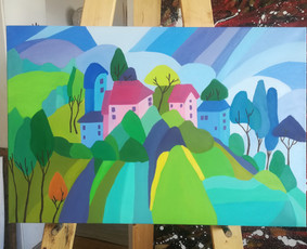 Mokinės nutapytas peizažas (reprodukuota iš Pinterest paimto kito autoriaus darbo). Aliejus, drobė. 70x100cm. 2019m.