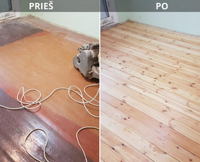Prieš dažytų grindų šlifavimą ir po - galutinis vaizdas. Dažytų grindų šlifavimo kaina dvigubai didesnė nei lakuotų, nes žymiai greičiau veliasi popierius, dažai šlifuojasi ilgiau ir sudėtingiau.