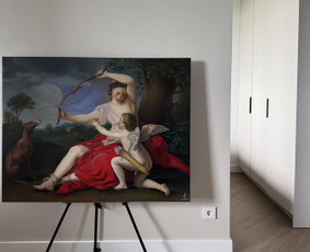 130x100cm drobė, akriliiai dažai. Pompeo Batoni paveikslo "Diana ir Kupidonas" interpretacija, reprodukcija. 2025.