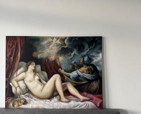 75x50cm drobė, akriliniai dažai. Titiano "Danae" paveikslo interpretacija, reprodukcija. 2025