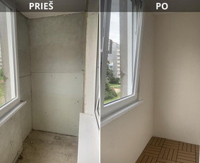 Daugiabučio balkono renovacija.
Atlikti darbai: klijuotas putplastis, armuota, dengta dekoratyviniu tinku. Grindys išlygintos išlyginamuoju mišiniu, sumontuota terasinių lentelių imitacija.