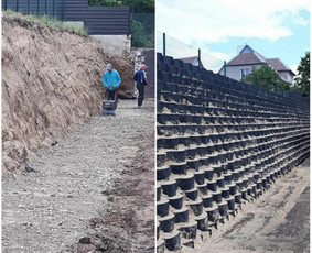 Geovazonų sienutė 60° kampu – efektyvus ir ekonomiškas sprendimas stačių šlaitų sutvirtinimui. Erdvinė geovazonų (geocell) sistema sudaro tvirtą karkasą, kuris užpildomas gruntu, skald...