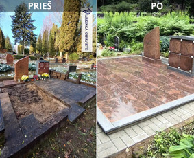 Kapavietėje demontuoti seni borteliai ir plytelių likučiai, betonuoti nauji pamatai, sumontuota šviesaus kuru grey granito tvorelė, o kapo viduje išklotos rausvos Multicolor granito plytelės 60x30.