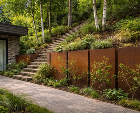 Atraminė sienutė – 3D sistema su corten plieno apdaila, užtikrinanti šlaito stabilumą, ilgaamžiškumą ir modernią, natūraliai į aplinką įsiliejančią estetiką.