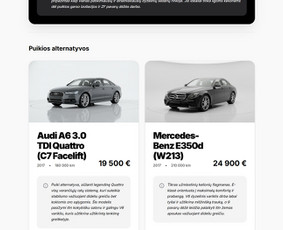 AutoMind automobilių katalogo UX/UI pavyzdys. Transporto priemonės pateikiamos palyginamose kortelėse su svarbiausia informacija ir kainomis.
