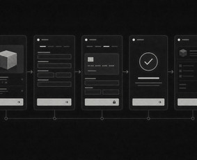 Mobilios verslo sistemos ekranų UX/UI koncepcija. Rodomos formos, būsenos, patvirtinimai ir patogus valdymas skirtinguose telefono ekranuose.
