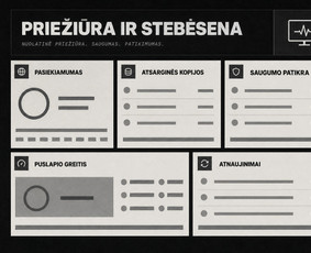 Svetainės priežiūros ir stebėsenos skydelio UX/UI koncepcija. Pavaizduoti atnaujinimai, atsarginės kopijos, saugumo patikros ir darbų būsenos.