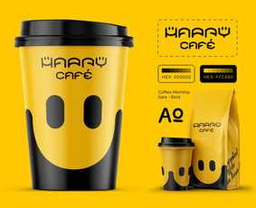 Happy cafe - linksmiausia kava mieste. Produkto pakuotės dizainas. Popierinio kavos puodelio dizainas. Logotipo dizainas. Identiteto kūrimas. gLogo.eu