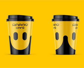 Happy cafe - linksmiausia kava mieste. Produkto pakuotės dizainas. Popierinio kavos puodelio dizainas. Logotipo dizainas. Identiteto kūrimas. gLogo.eu
