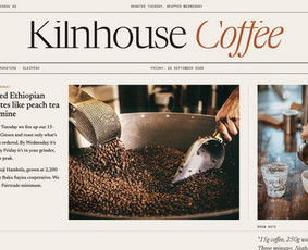 Kilnhouse Coffee – laikraščio stiliaus kavos skrudyklos svetainė su kavos rūšių lentele ir prenumeratos skaičiuokle.