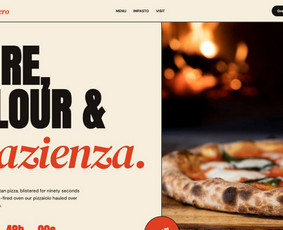 Forno Nero – picerijos svetainė su judančia teksto juosta ir valgiaraščiu, suskirstytu į kategorijas.