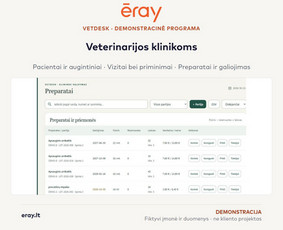 VetDesk: ERAY demonstracinės programos vaizdo fragmentas. Fiktyvūs duomenys, ne kliento projektas. Išbandykite: https://eray.lt/apps/vetdesk/?lang=lt