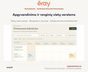 VenueDesk: ERAY demonstracinės programos vaizdo fragmentas. Fiktyvūs duomenys, ne kliento projektas. Išbandykite: https://eray.lt/apps/venuedesk/?lang=lt