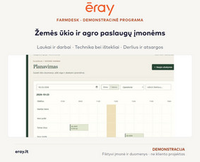 FarmDesk: ERAY demonstracinės programos vaizdo fragmentas. Fiktyvūs duomenys, ne kliento projektas. Išbandykite: https://eray.lt/apps/farmdesk/?lang=lt