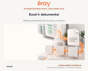 Excel ir dokumentų automatizavimo paslaugos pristatymas. AI reklaminė iliustracija; ne veikiančios sistemos ar kliento projekto nuotrauka.