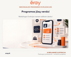 Individualių programų ir aplikacijų kūrimo paslaugos pristatymas. AI reklaminė iliustracija; ne veikiančios sistemos ar kliento projekto nuotrauka.