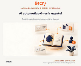AI automatizavimo ir AI agentų kūrimo paslaugos pristatymas. AI reklaminė iliustracija; ne veikiančios sistemos ar kliento projekto nuotrauka.