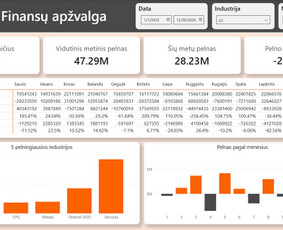 Power BI finansų apžvalgos pavyzdys: pajamos, pelnas, marža ir laikotarpių palyginimas. Demonstraciniai duomenys.