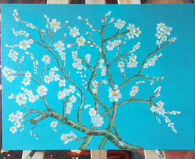 Mokinės nutapytos sakuros. Drobė, aliejus. 60x80cm. 2019m.