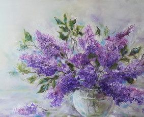 Mokinio nutapyta alyvų puokštė. Drobė, aliejus. 50x92cm. 2020m.