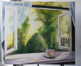 Mokinės nutapytas peizažas pro langą. Drobė, aliejus. 40x60cm. 2019m.