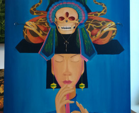 Mokinės nutapytas dekoratyvaus portreto reprodukcija. Drobė, aliejus. 90x70cm. 2019m.