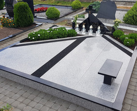 Kapavietės projekto įrengimas, paminklo bei granito plokščių montavimas, dekoravimas skalda, trinkelių klojimas.