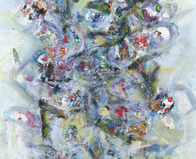“GĖLIŲ MIRAŽAS MELSVAI“/“FLOWERS MIRAGE IN BLUE” (mišri technika, drobė, 100x70, 2016)