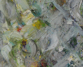 “GĖLIŲ MIRAŽAS PILKAI“/“FLOWERS MIRAGE IN GRAY” (mišri technika, drobė, 65x90, 2016)