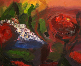 "RAUDONI ŽIEDAI PRAŽYDO"/ “RED BLOSSOMS FLOWERED“(60x80, aliejus, drobė, 2016)