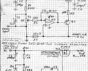Sukūriau labai mažos kritimo įtampos analoginio srovės stabilizatoriaus schema.
