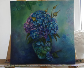 Mokinės nutapyta gėlių puokštė. Kartonas, aliejus. 50x50cm. 2020m.